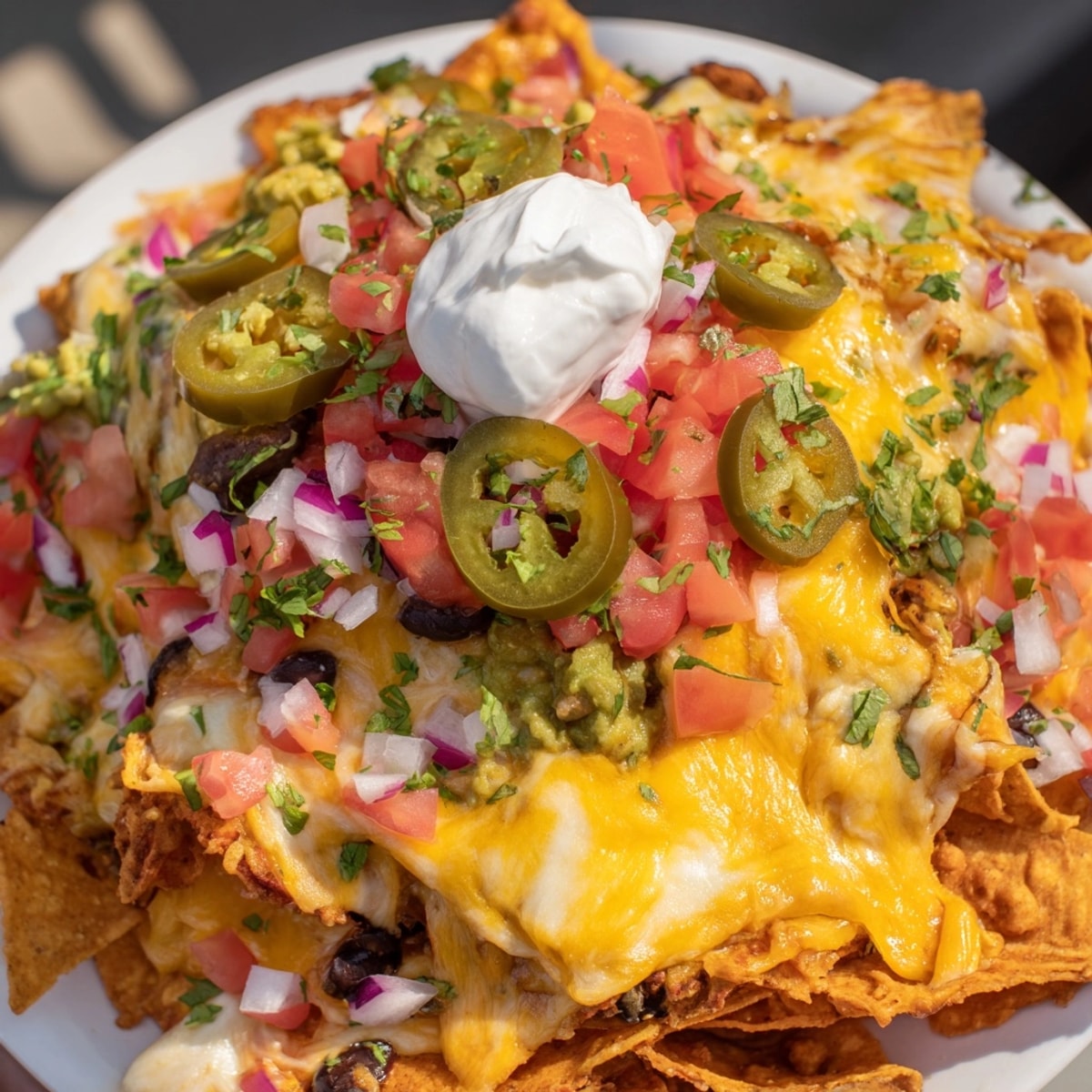Golden Doritos Nachos, bubbling with melted cheese and colorful toppings, ready to share.