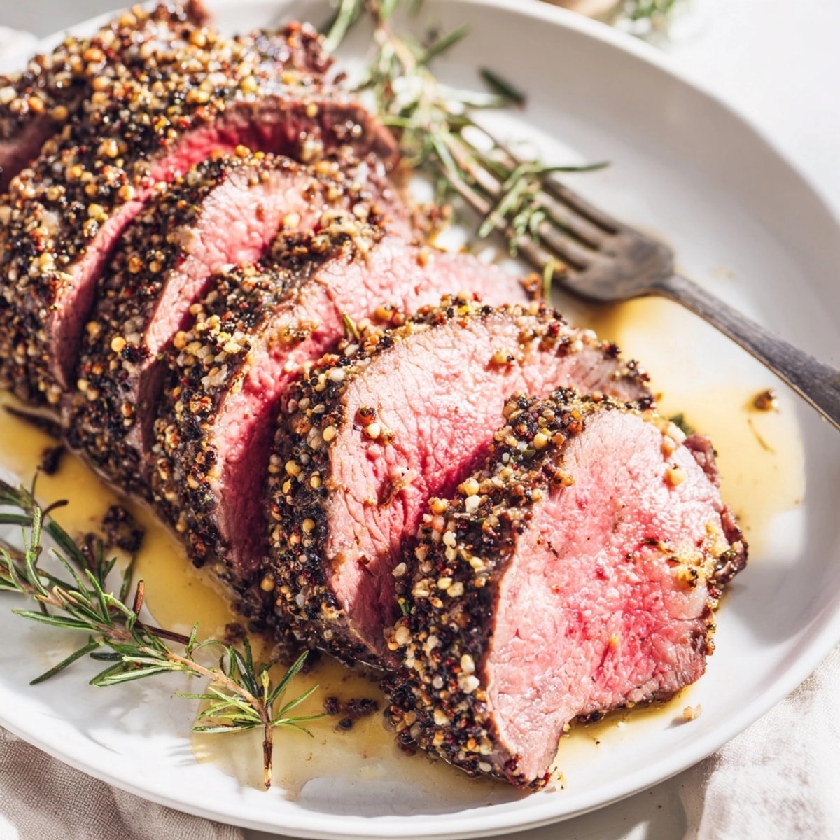 Close-up of oven-roasted peppercorn-crusted beef tenderloin, glistening with butter and fragrant rosemary.
