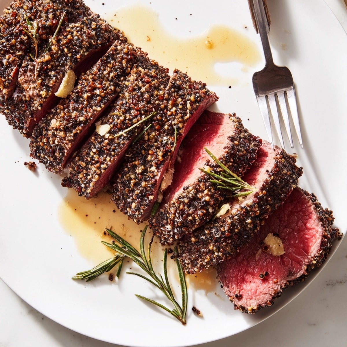 Perfectly seared peppercorn-crusted beef tenderloin recipe; see the juicy, browned crust and rosy interior.