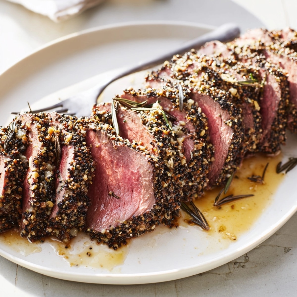 Enticing peppercorn crust highlights a beautifully sliced beef tenderloin roast, ready to serve.