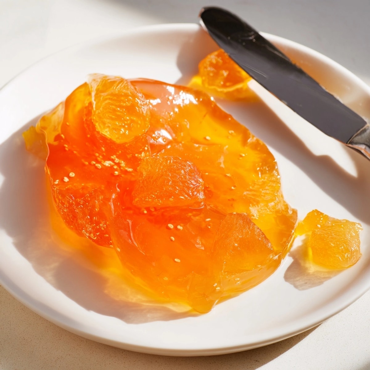 Golden Cantaloupe Jelly, cooked and ready to be jarred, shimmering in the pan.