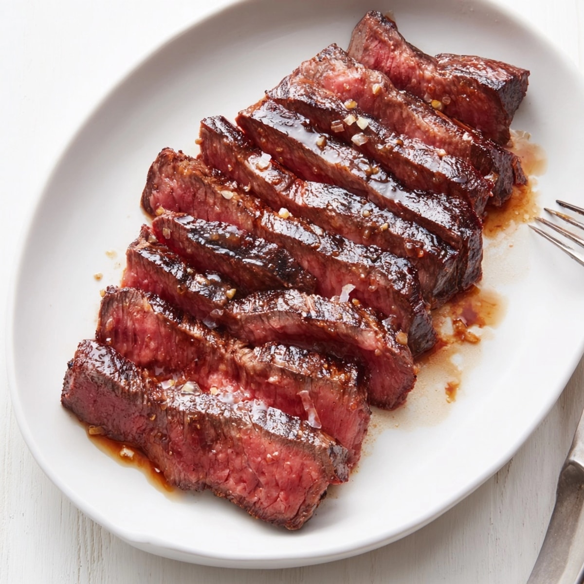 Marinated flat iron steak recipe sizzling on the grill; smoky aroma and tender texture.