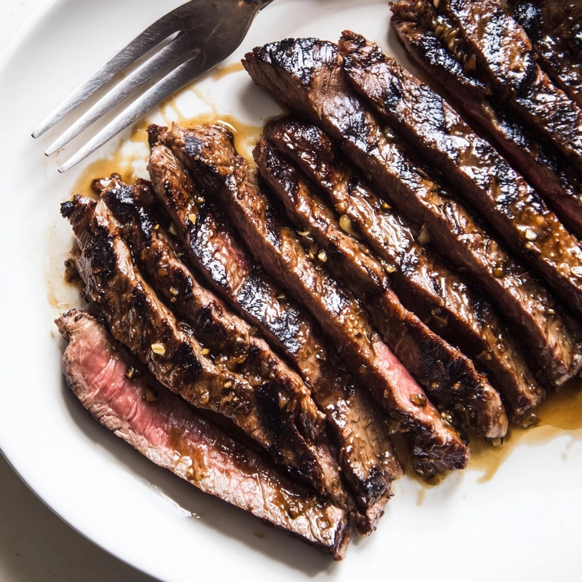 Close-up reveals juicy sliced flat iron steak marinade; a simple, delectable weeknight meal.