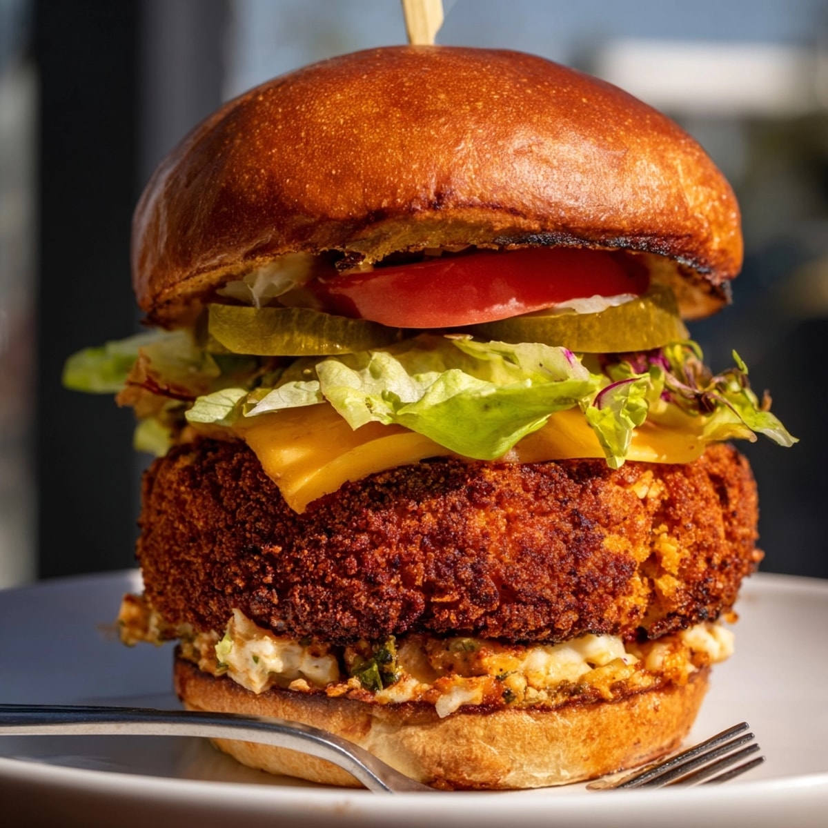 Crispy Vegetarian Chicken-Style Burger on a toasted bun, oozing melted cheese, ready to eat.