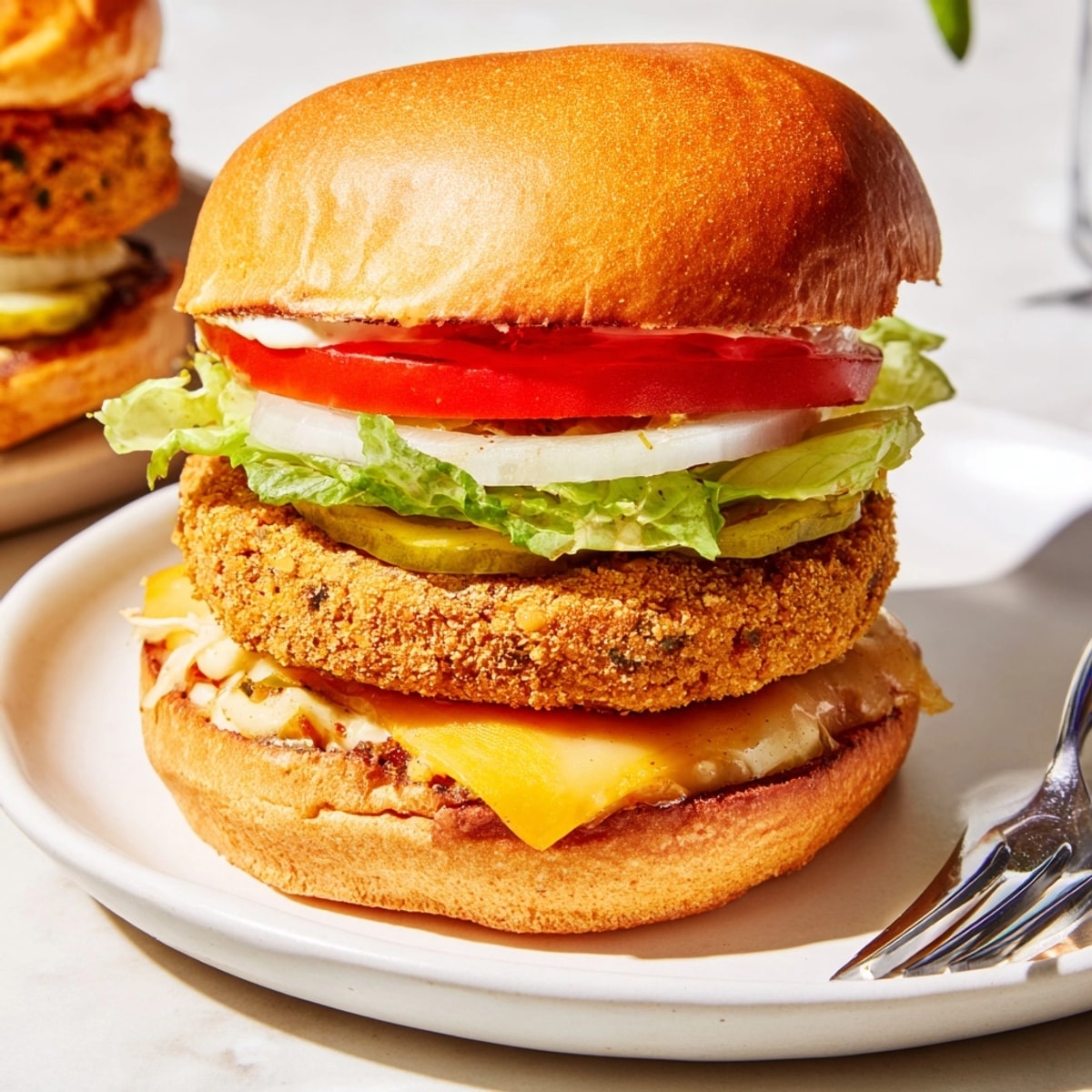 Close-up view of a golden-brown homemade Vegetarian Chicken-Style Burger sizzling in a pan.