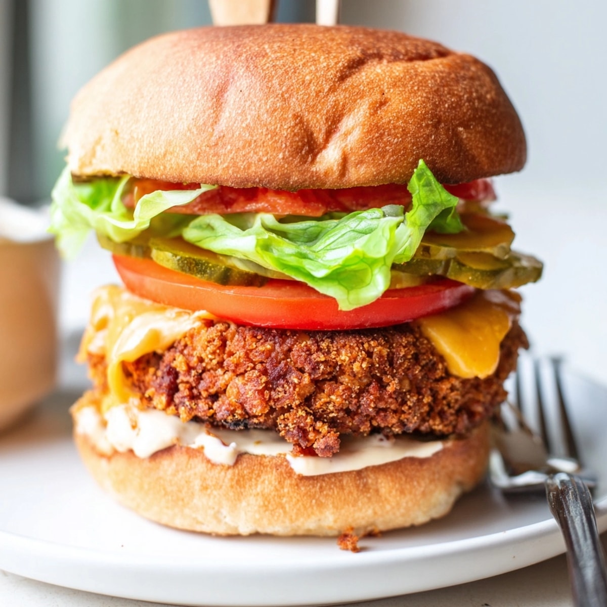 Stacked Vegetarian Chicken-Style Burger recipe, showcasing lettuce, tomato, and creamy mayo on a bun.