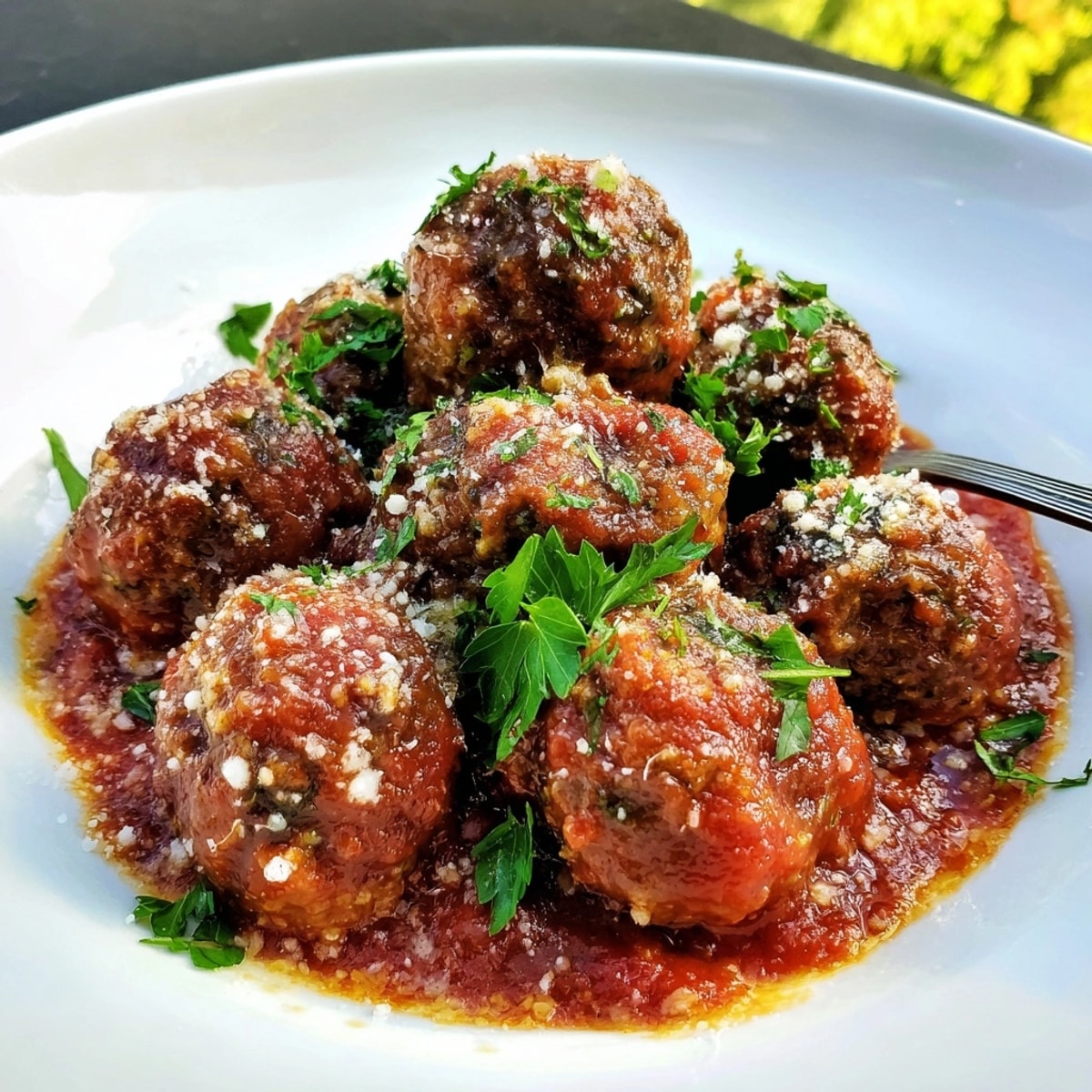Juicy Marys Pizza Shack Style Meatballs simmering in rich tomato sauce, ready to top pasta.