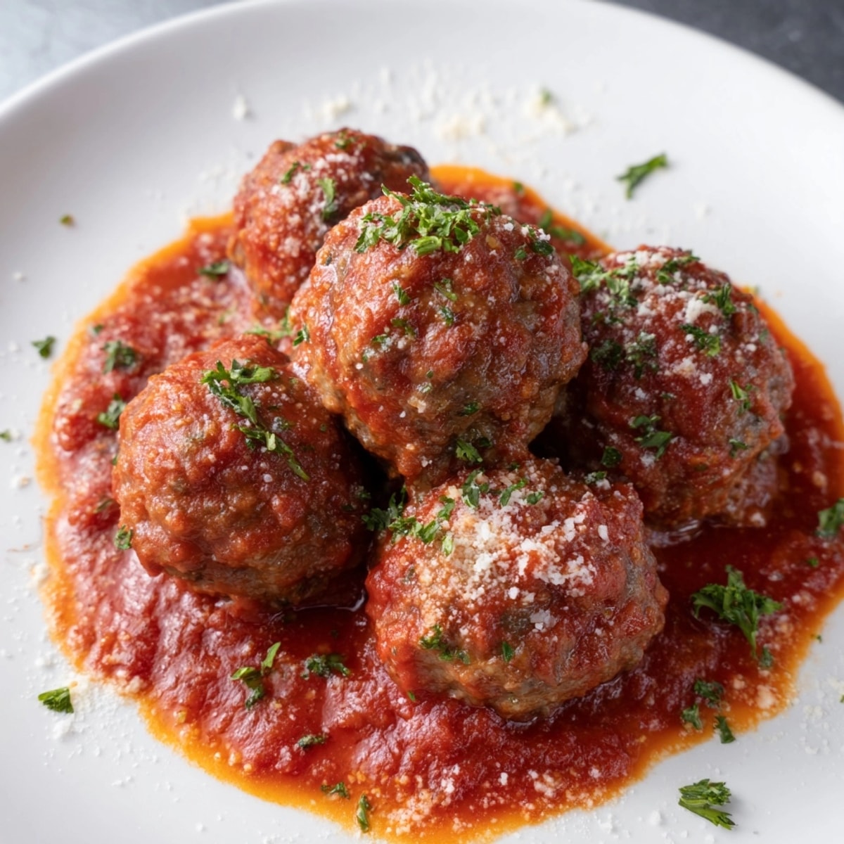 Golden brown Marys Pizza Shack Style Meatballs, tender and herb-filled, piled on a serving plate.