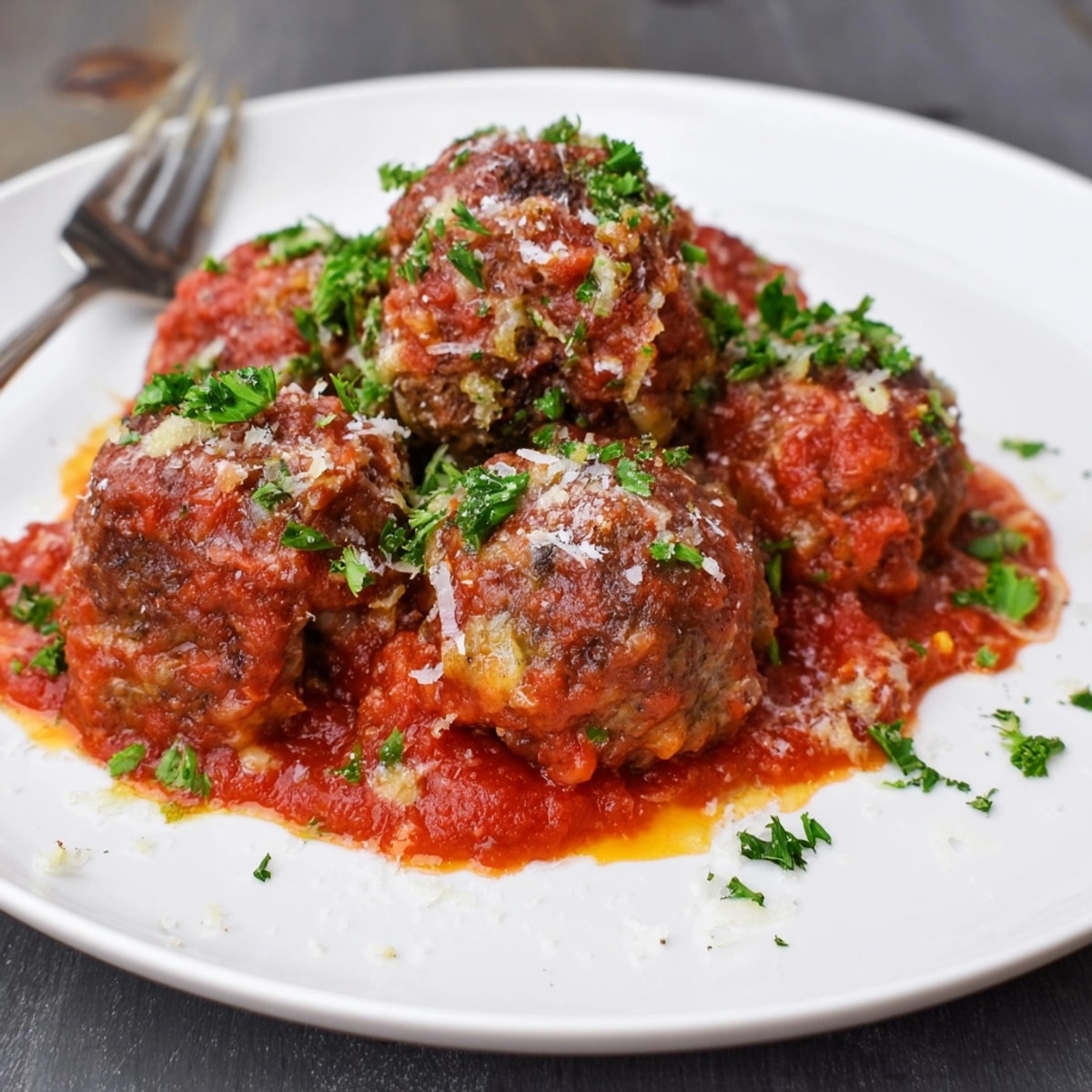 Close-up of flavorful Marys Pizza Shack Style Meatballs showing texture and appetizing sauce.