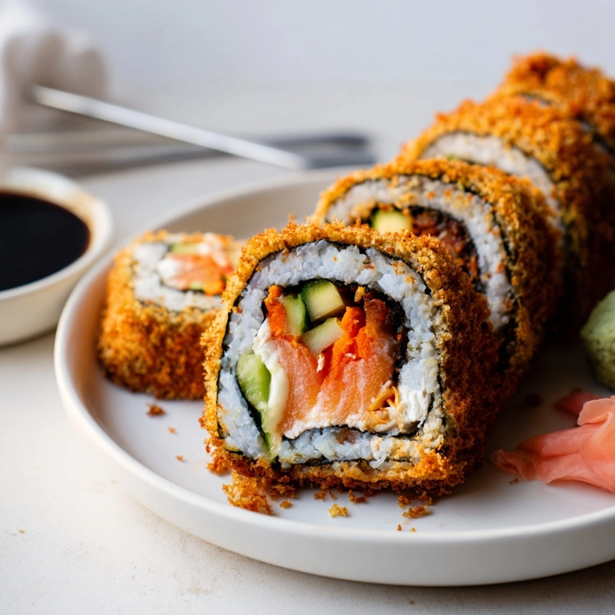 Golden-brown deep-fried sushi rolls, sliced and plated, with soy sauce dipping sauce.