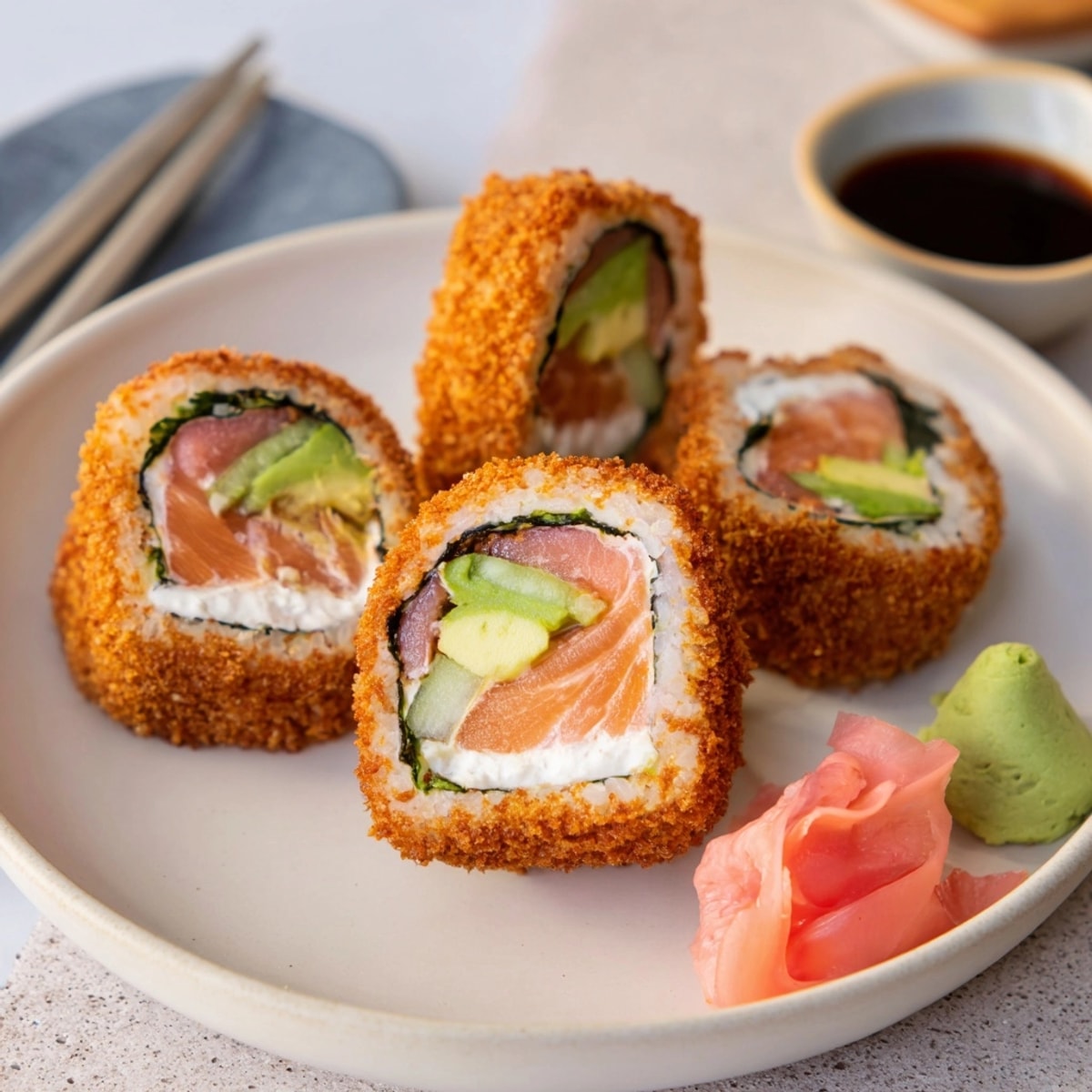 Homemade crunchy Deep-Fried Sushi Rolls with fresh salmon and avocado filling.