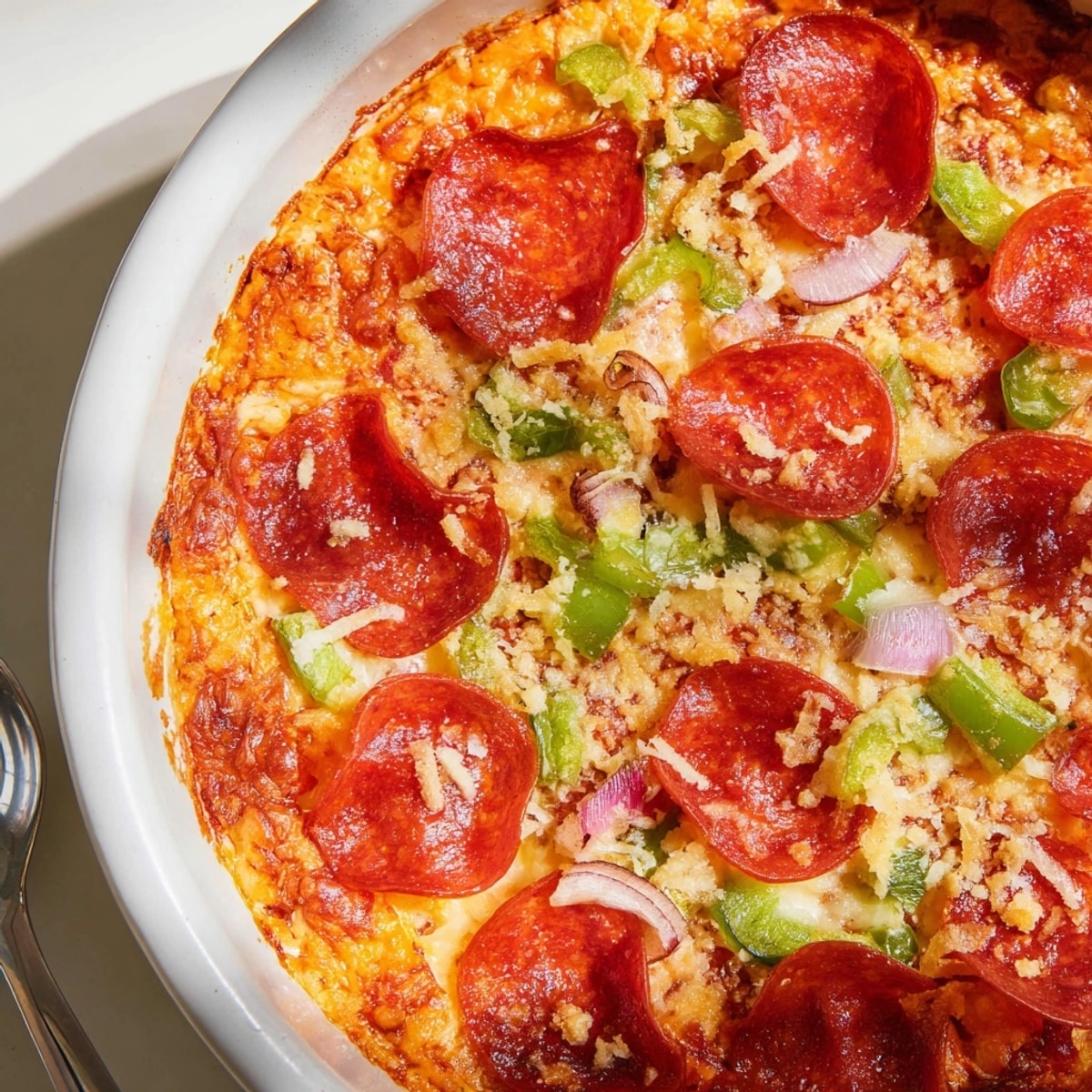 Hot bubbly Pepperoni Pizza Dip, golden brown and ready for dipping with crusty bread.