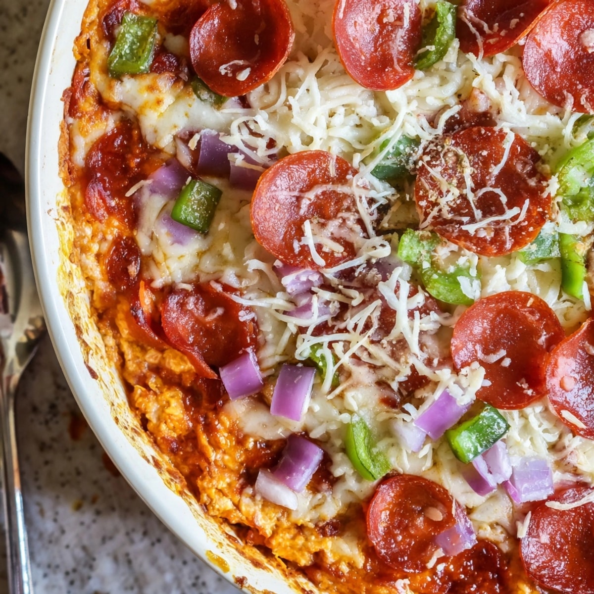 Top-down view of ooey-gooey Pepperoni Pizza Dip, studded with pepperoni and melted mozzarella.