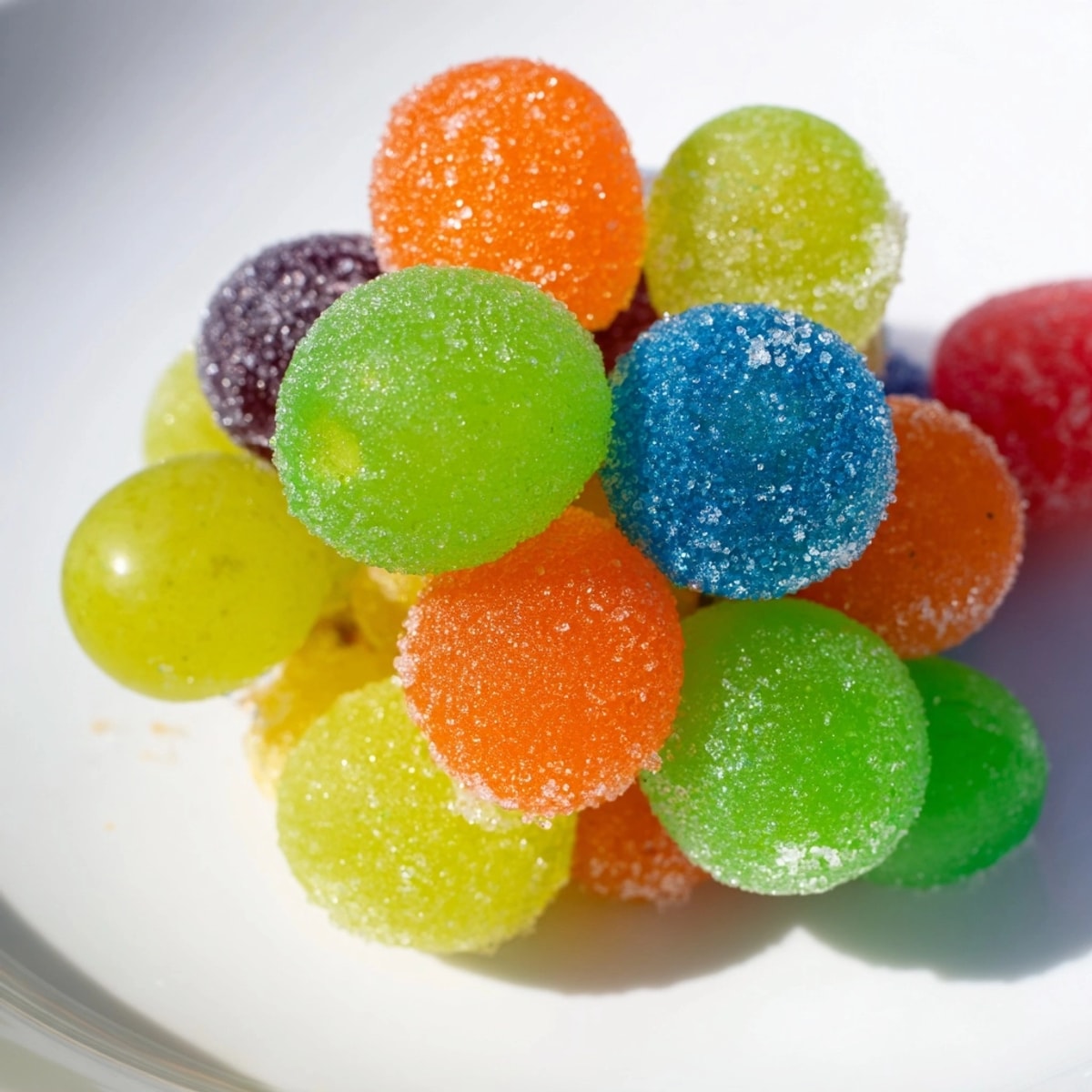 Close-up of vibrant Sour Patch Grapes, glistening with colorful sugary coating on a plate.