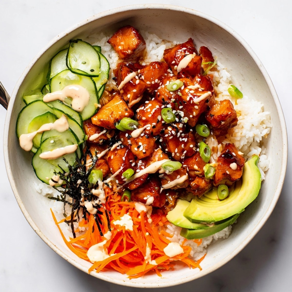 Vibrant Spicy Salmon Rice Bowl with avocado, carrots, and a drizzle of sriracha mayo.