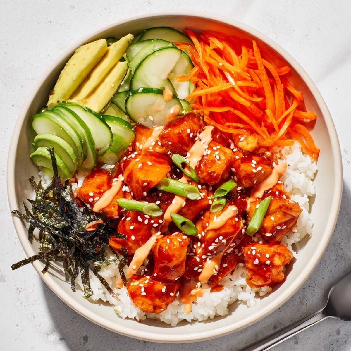 Golden, flaky Spicy Salmon Rice Bowl ready to eat, piled high with fresh toppings.