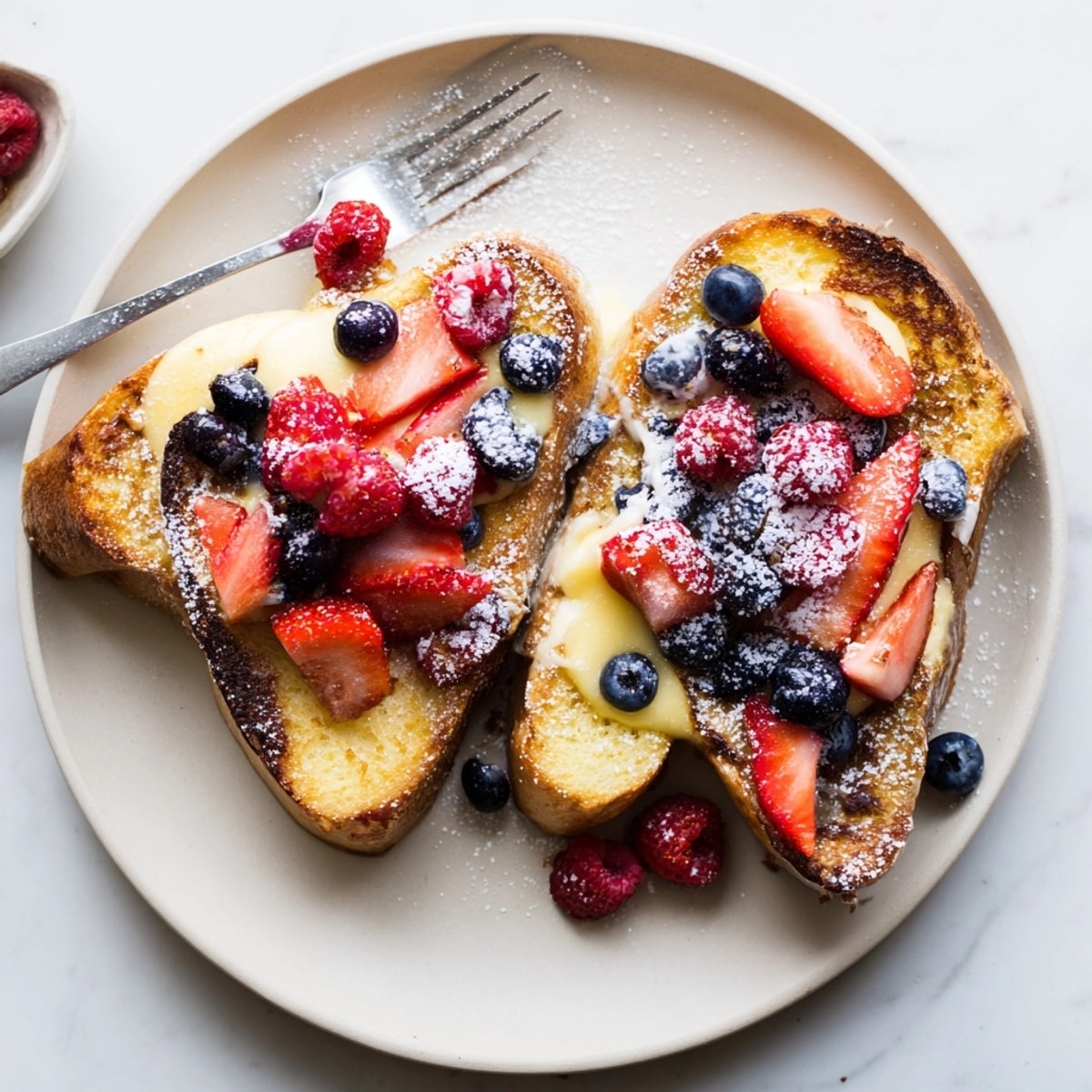 Close-up of warm Custard Yogurt Toast, a delightful breakfast baking project with fresh berries.