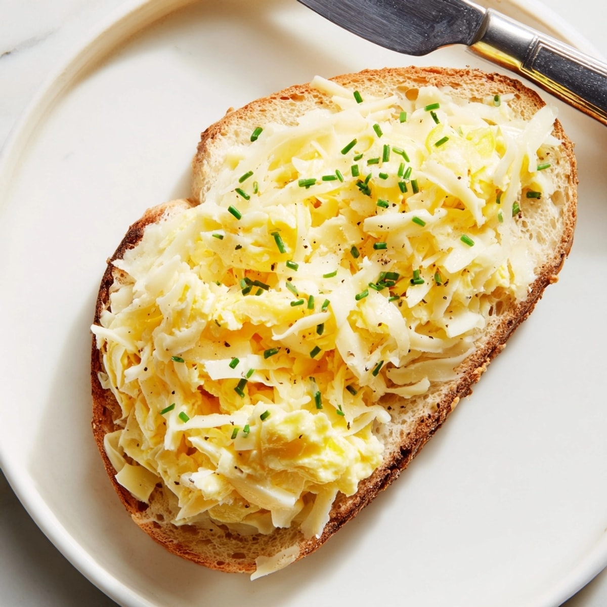 Golden Grated Egg Toast topped with herbs, a savory and satisfying breakfast dish.