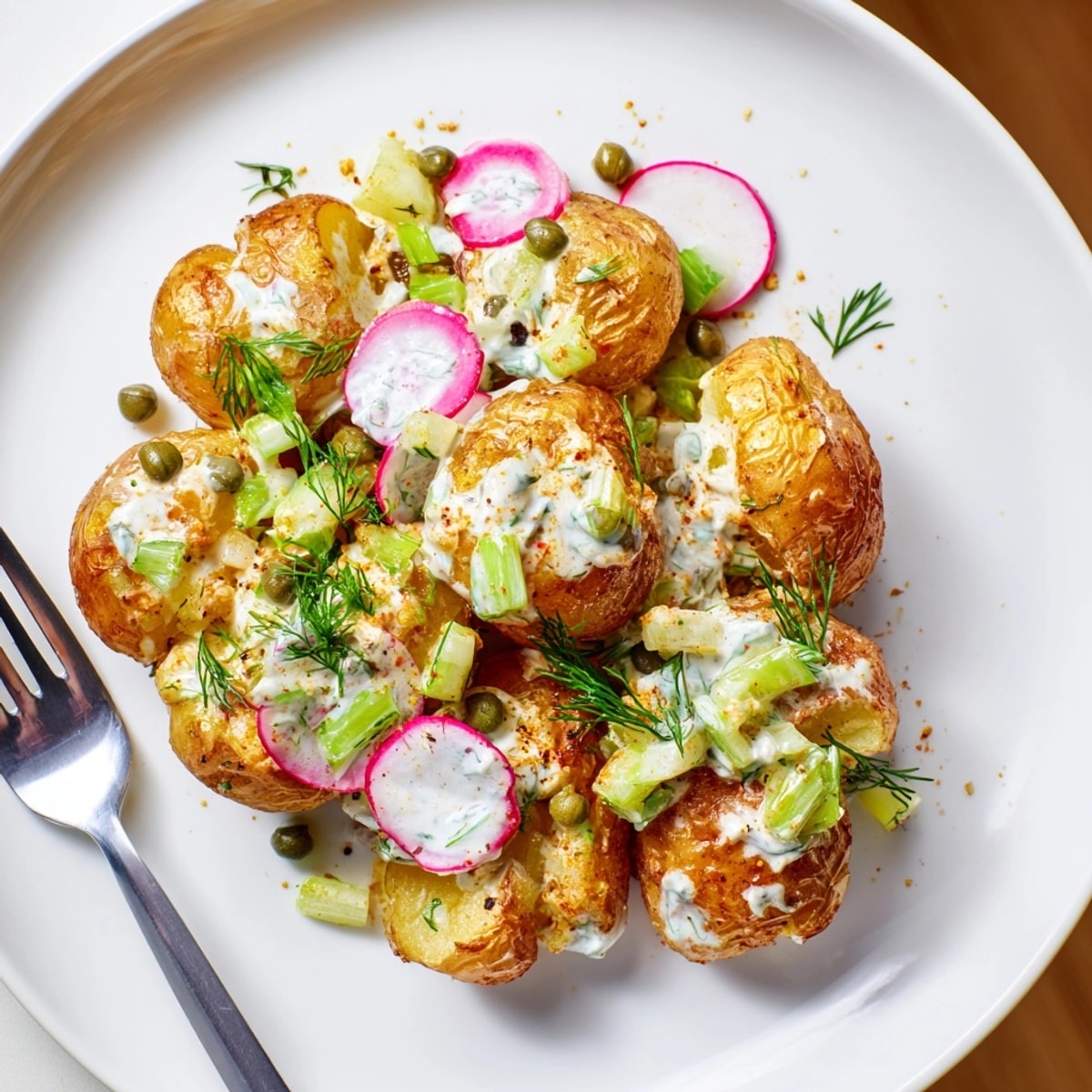 Close-up of a vibrant Crispy Smashed Potato Salad with fresh herbs and creamy dressing.