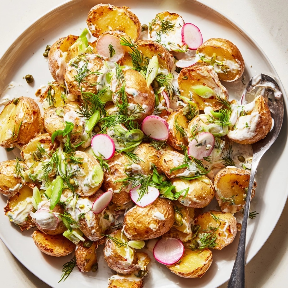 Golden-brown Crispy Smashed Potato Salad, hot out of the oven, ready to be dressed.