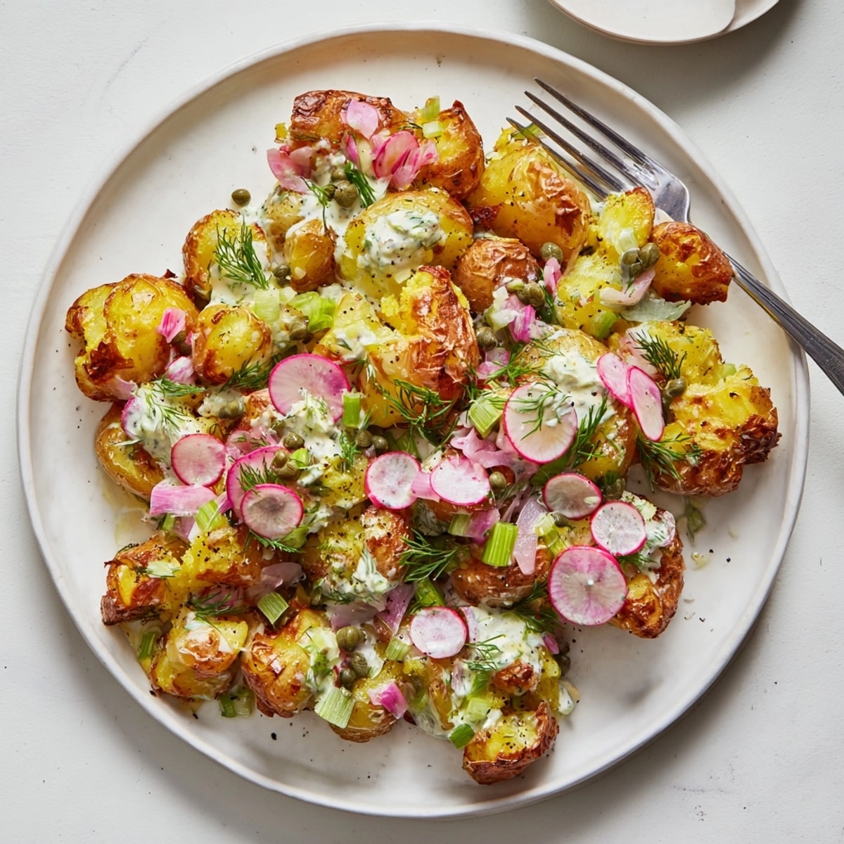 Homemade Crispy Smashed Potato Salad, a flavorful side dish topped with radishes and capers.