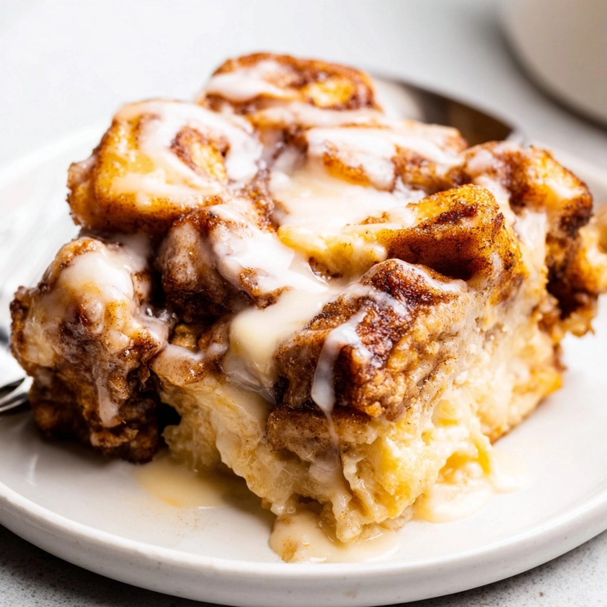 Golden Cinnamon Roll Casserole, fresh from the oven, glazed & ready for weekend brunch.