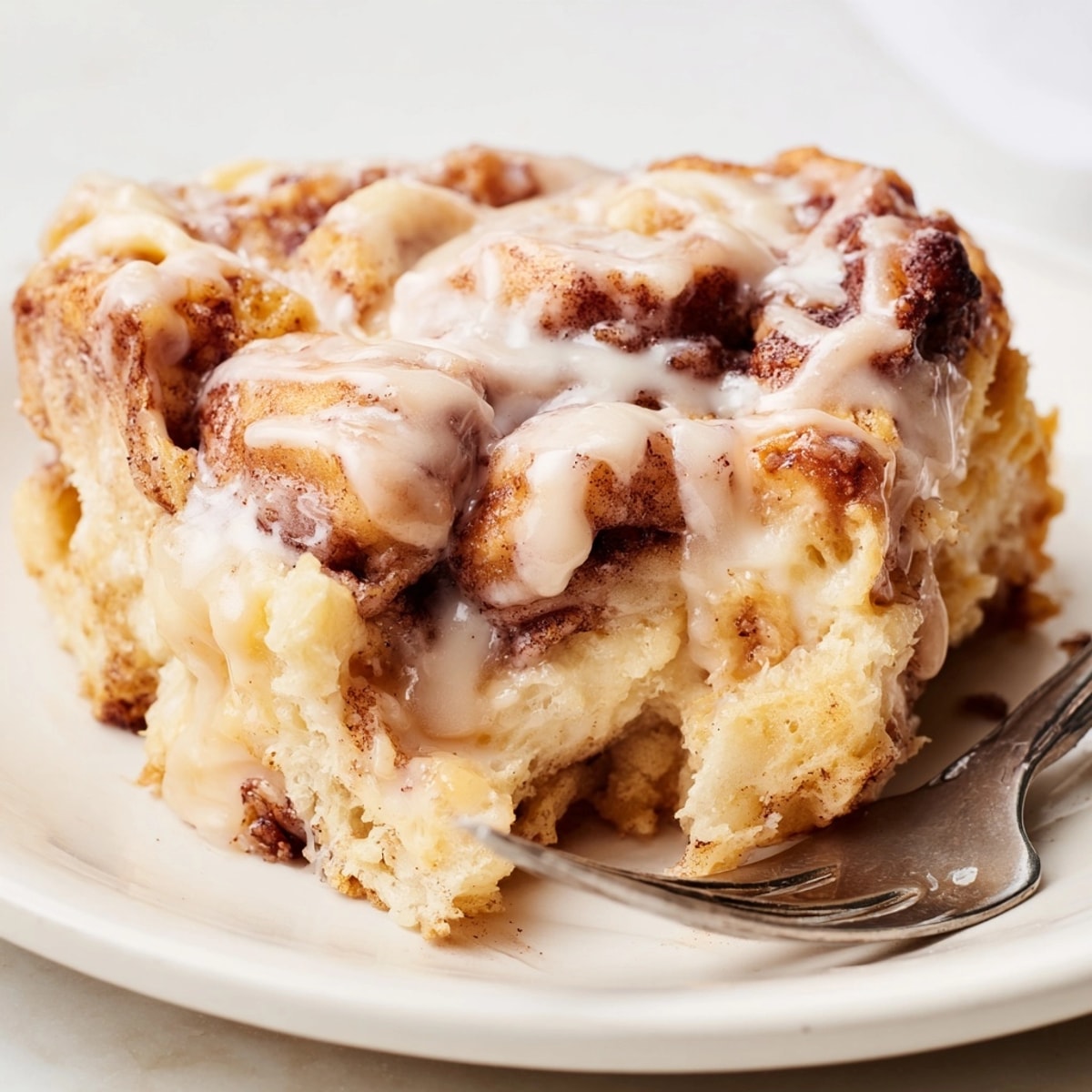 Homemade Cinnamon Roll Casserole, sliced and showing delicious layers, topped sweetly with icing.