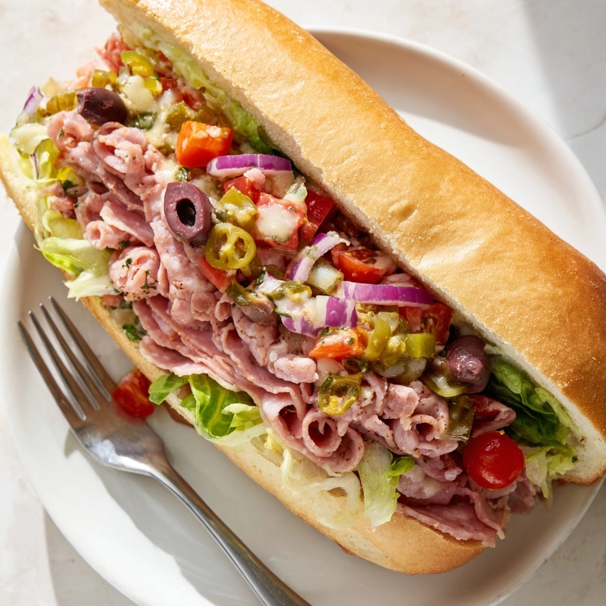 Close-up of the vibrant, colorful Chopped Italian Sandwich filling, ready to stuff into rolls.