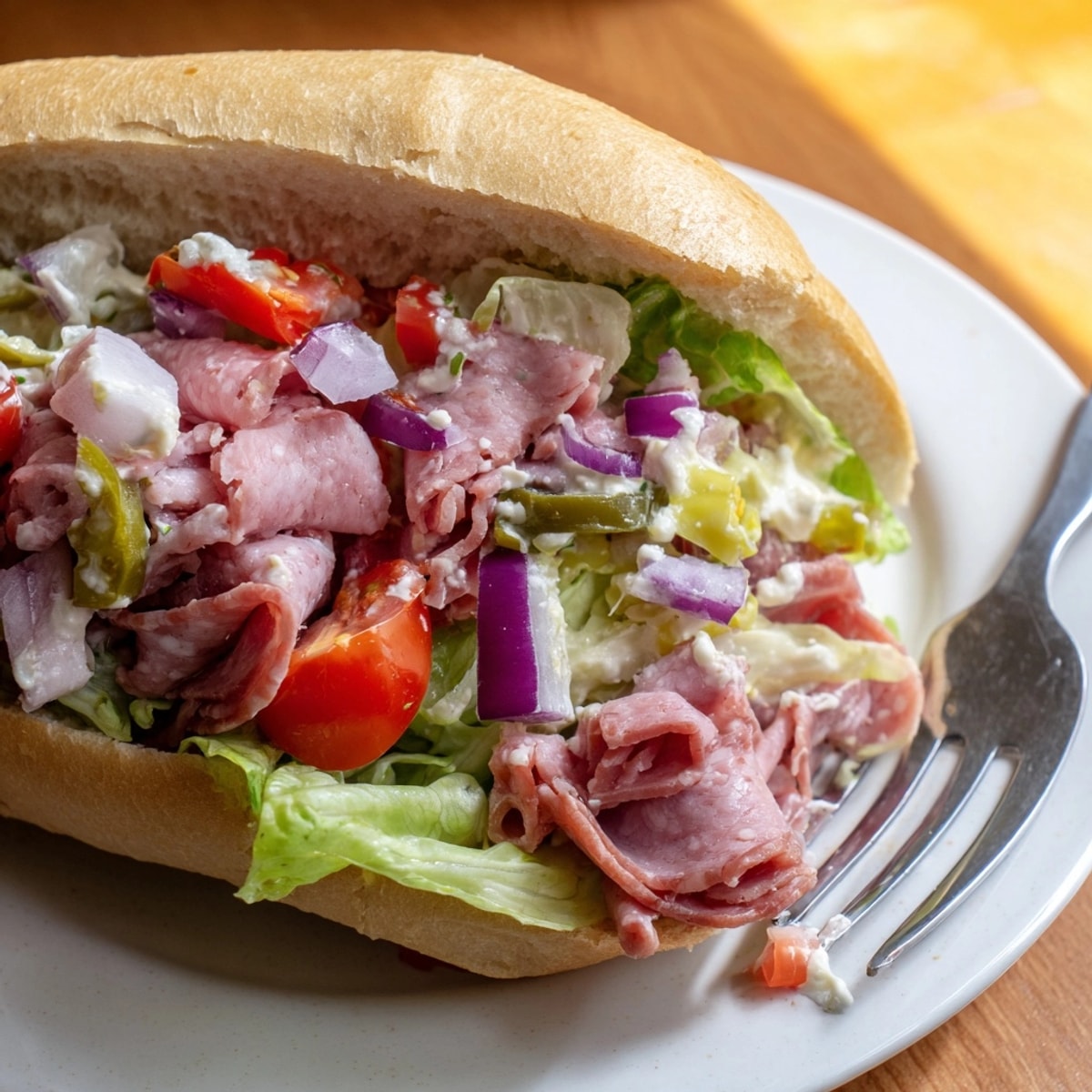 The perfect bite: a loaded Chopped Italian Sandwich, showcasing all the delightful, fresh ingredients.