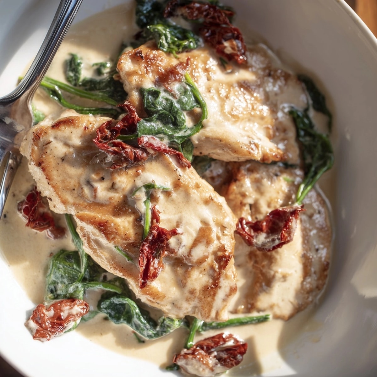 Close-up of juicy Creamy Tuscan Chicken served hot, perfect with pasta or bread.