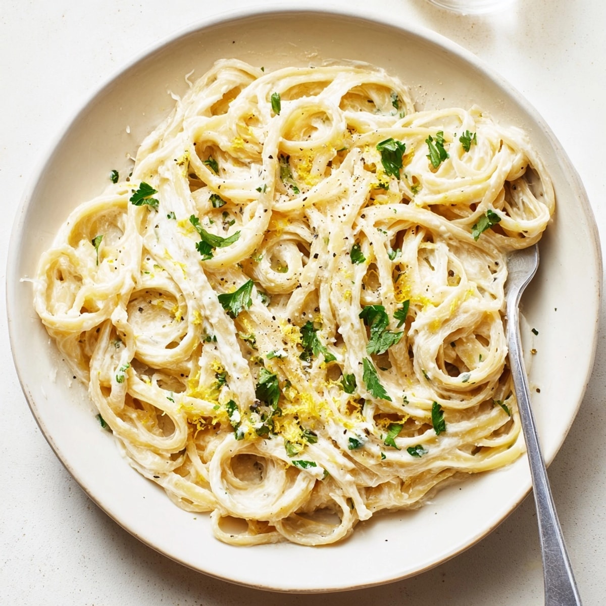 Creamy lemon ricotta pasta tossed with perfectly cooked spaghetti, ready for a comforting lunch.