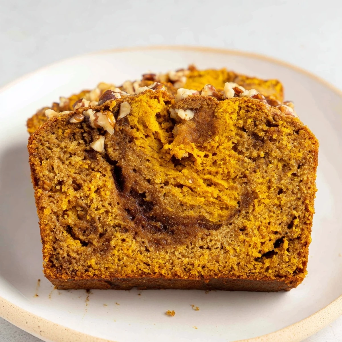 Golden-brown loaf of Spiced Pumpkin Bread, showing inviting moist crumb and optional walnut topping, served warm.
