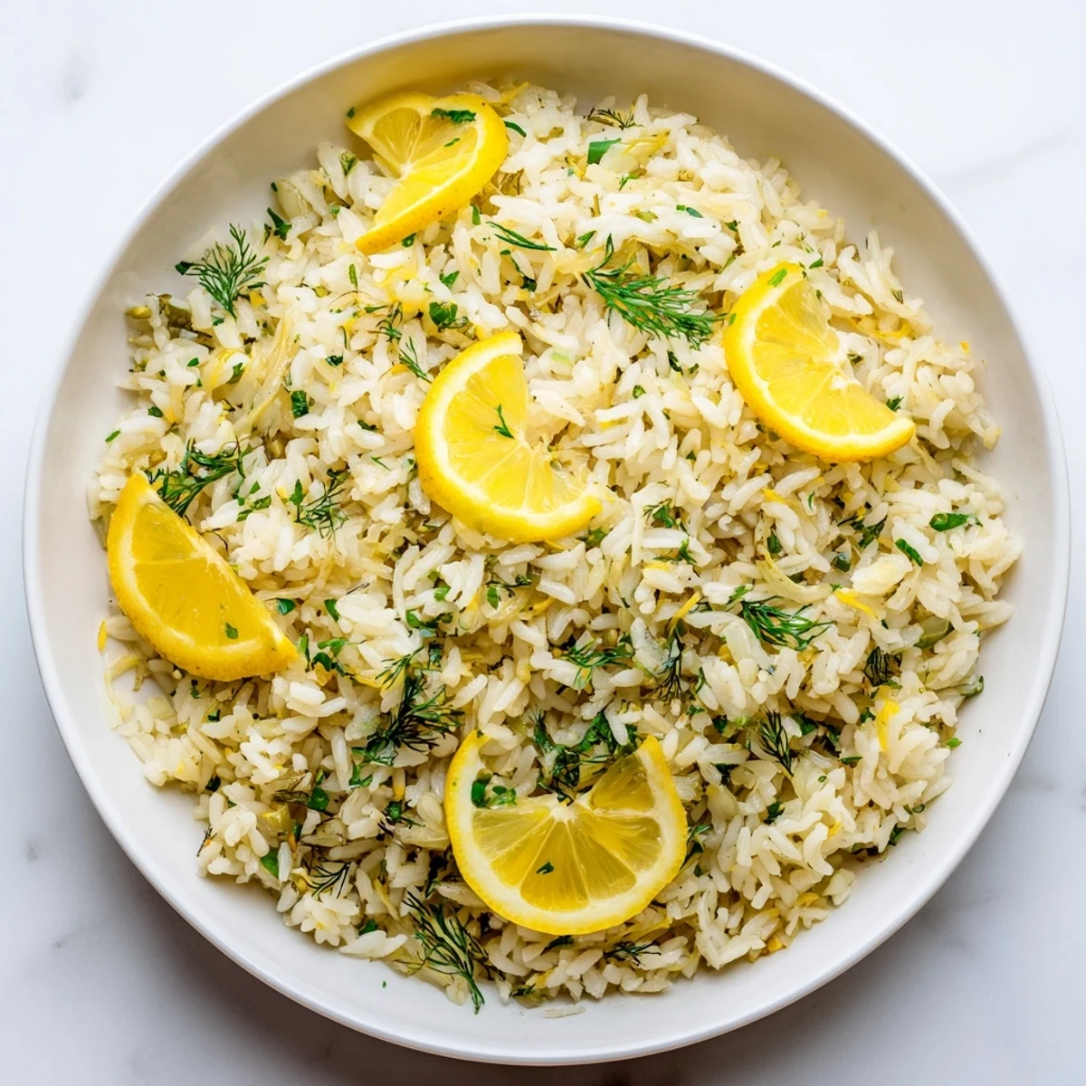 Fluffy Lemon Herb Rice Pilaf, featuring bright yellow and green herbs, ready to be served.
