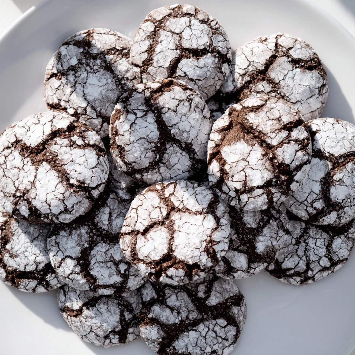 A close-up of crackled Chocolate Crinkle Cookies, showing their fudgy interior, perfect dessert.