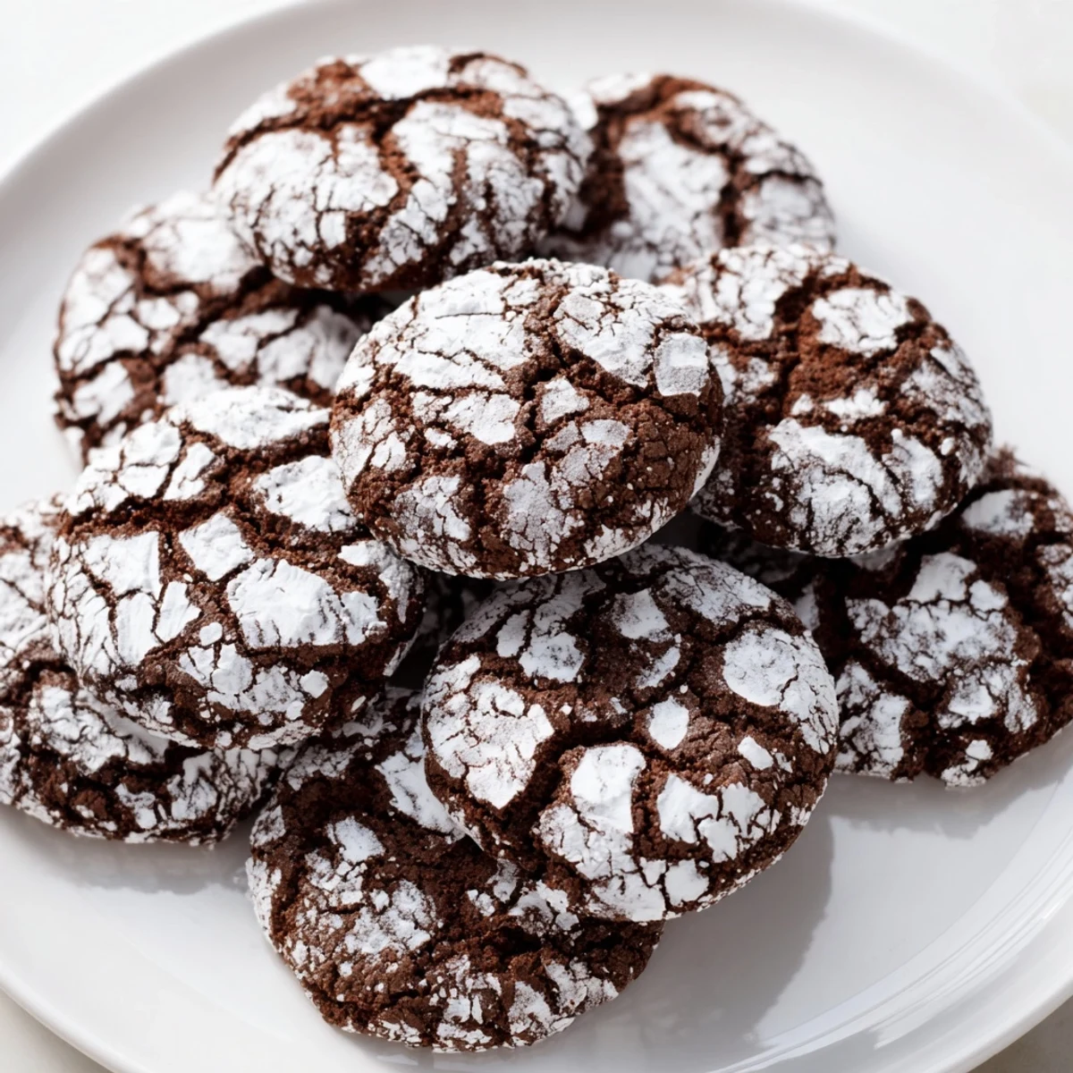 Plated Chocolate Crinkle Cookies sit appealingly, promising a delicious mix of textures and flavors.