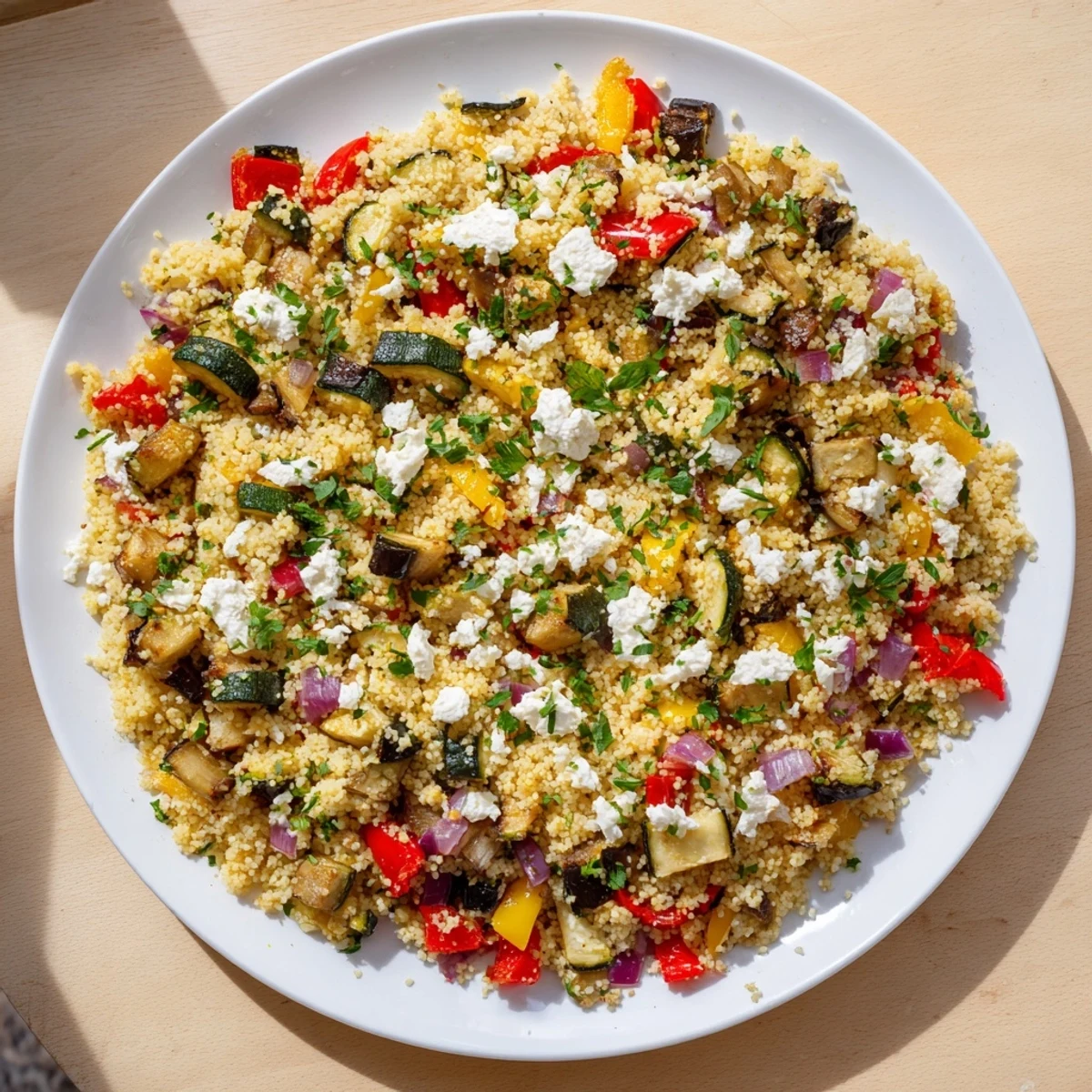 Golden roasted vegetables tossed with fluffy couscous, creating this delicious Roasted Vegetable Couscous.