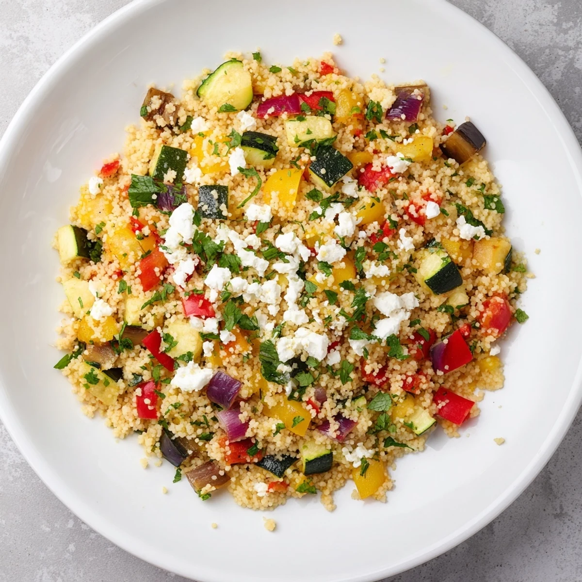 Vibrant Roasted Vegetable Couscous, featuring tender vegetables and fresh herbs, perfect for a vegetarian meal.