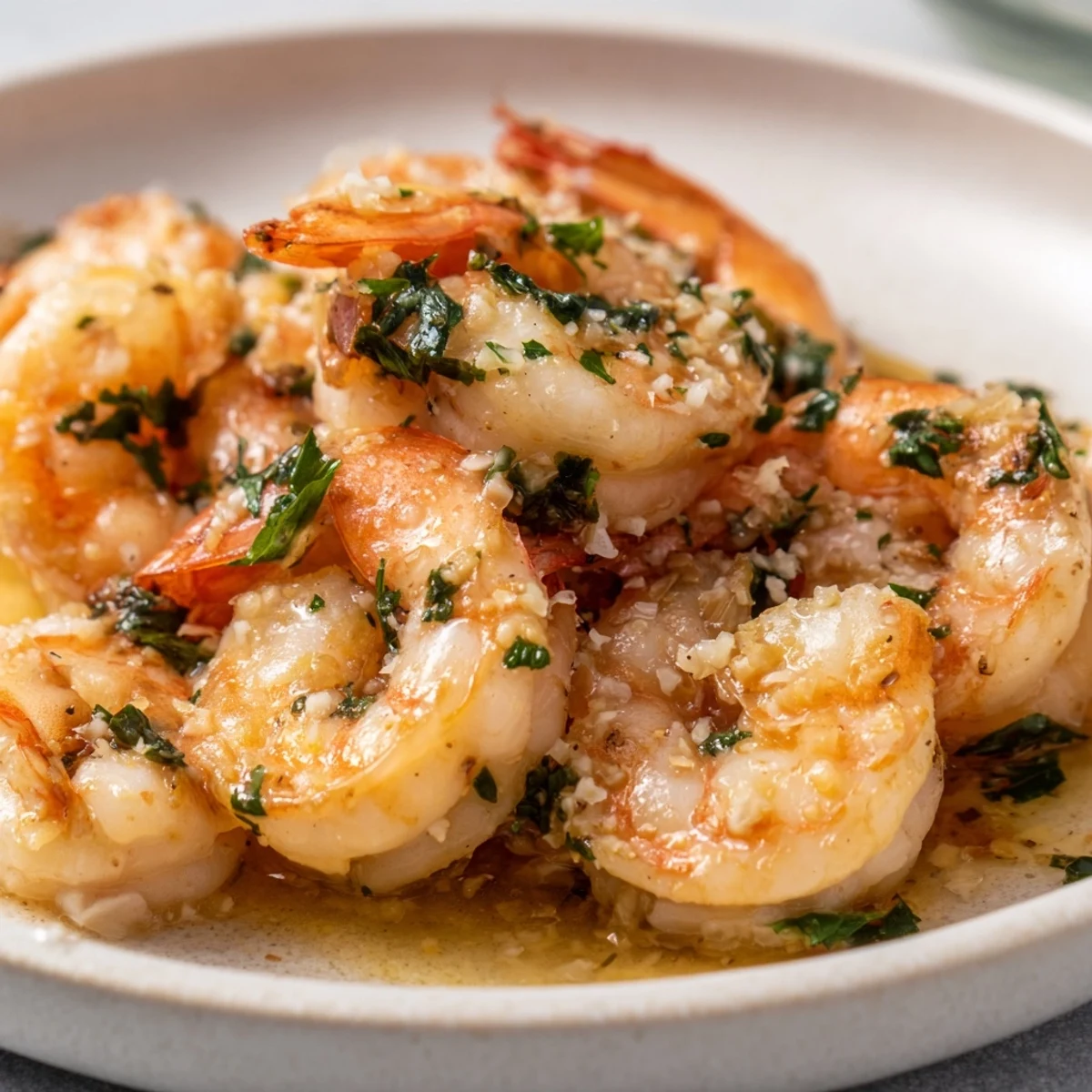Creamy Garlic Shrimp, glistening and saucy, is served with vibrant parsley and lemon wedges.