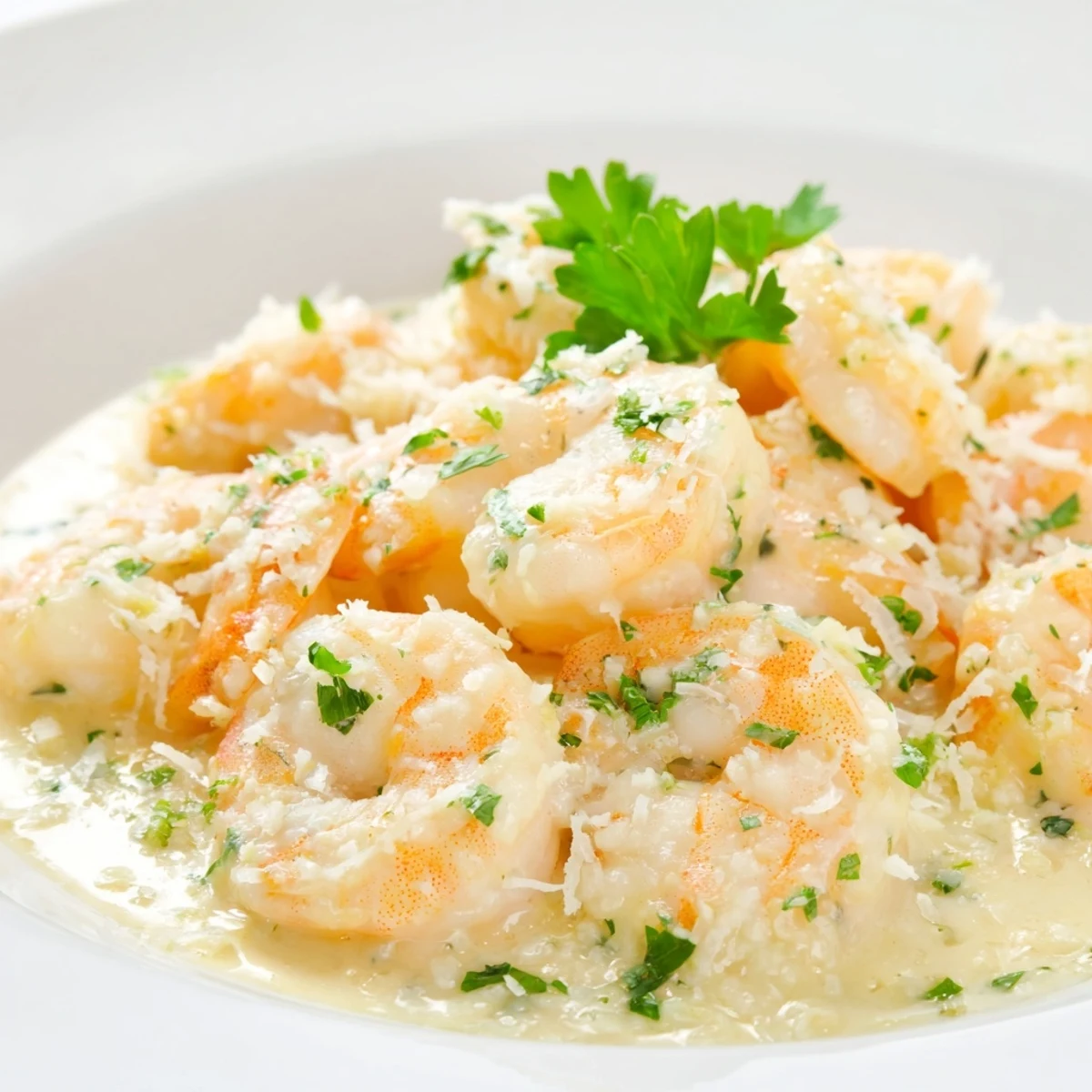 A close-up view of delectable Creamy Garlic Shrimp, ready to be enjoyed with crusty bread.