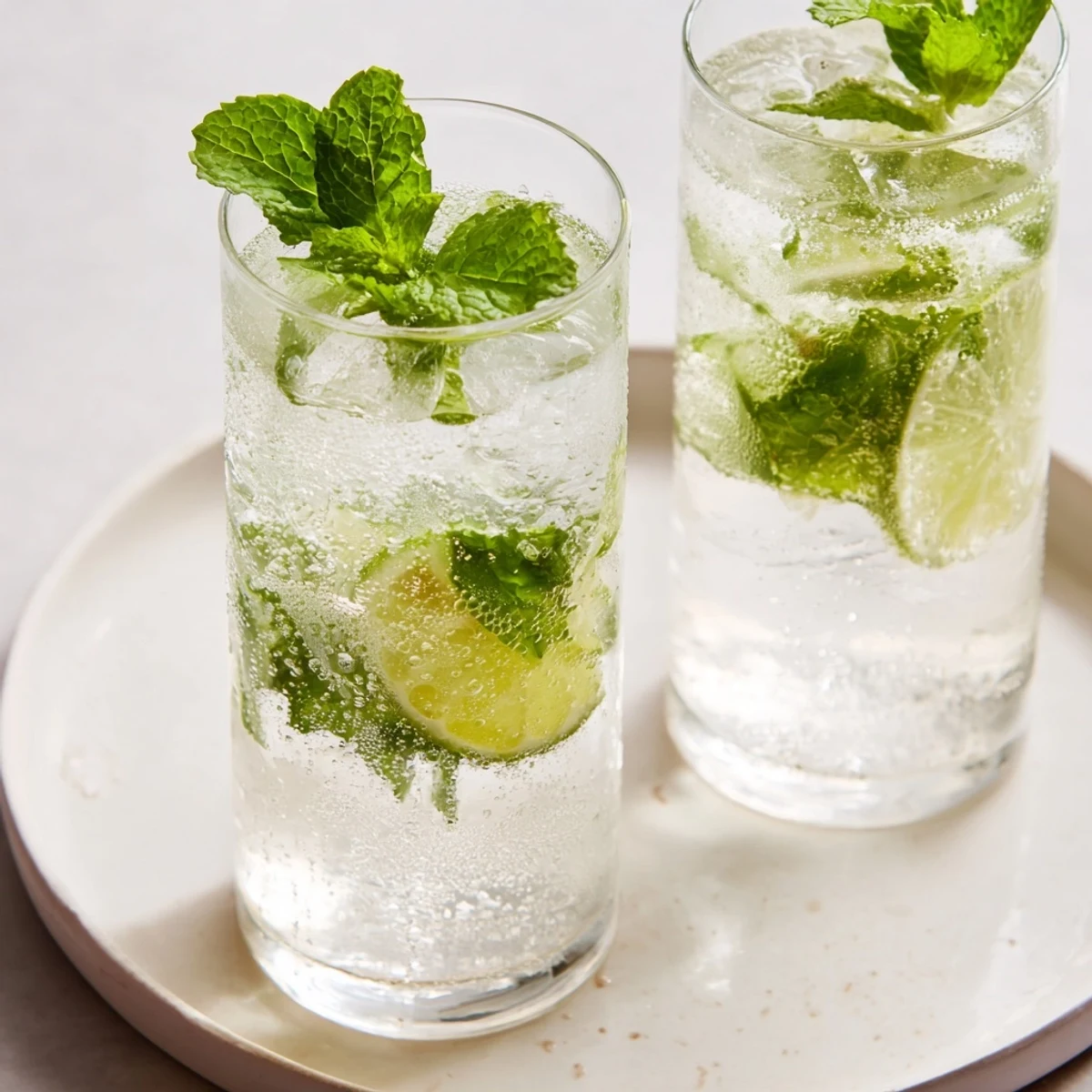 Refreshing Peppermint Fresh drink, a bright green summer beverage with sparkling bubbles and lime slices.