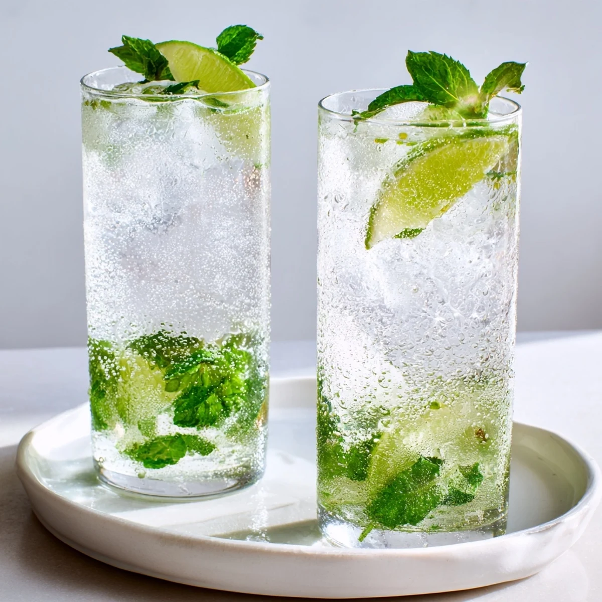 Tall glass of Peppermint Fresh, featuring crushed mint, ice, and fizzy sparkling water, ready to enjoy.