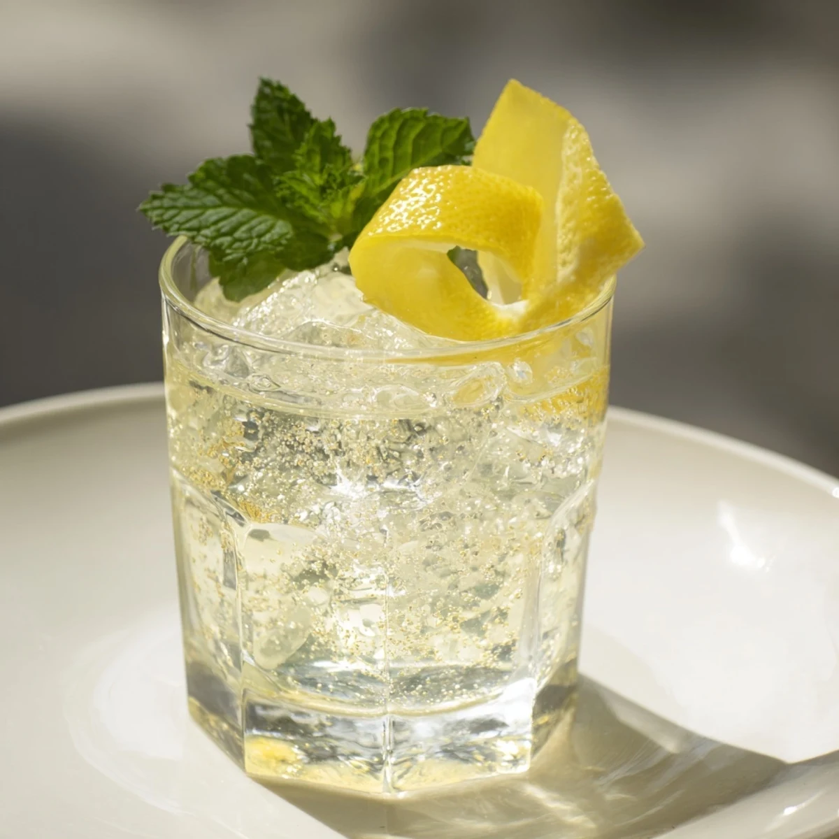 Bright lemon slice and mint adorn the fizzy, clear Lemon Scent cocktail in a chilled glass.