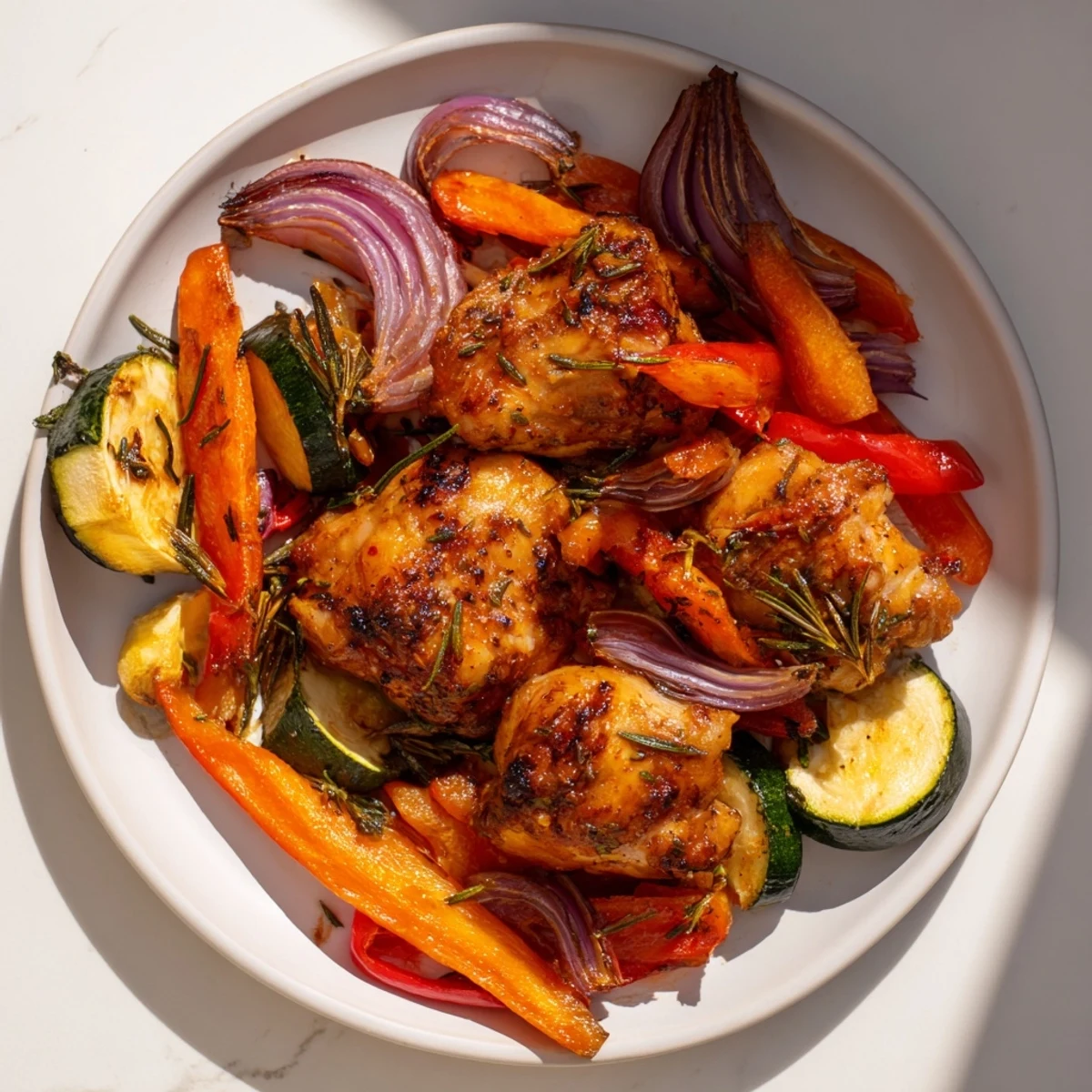 Golden roasted chicken and vegetables beautifully presented, a vibrant Roasted Flavor meal ready to enjoy.