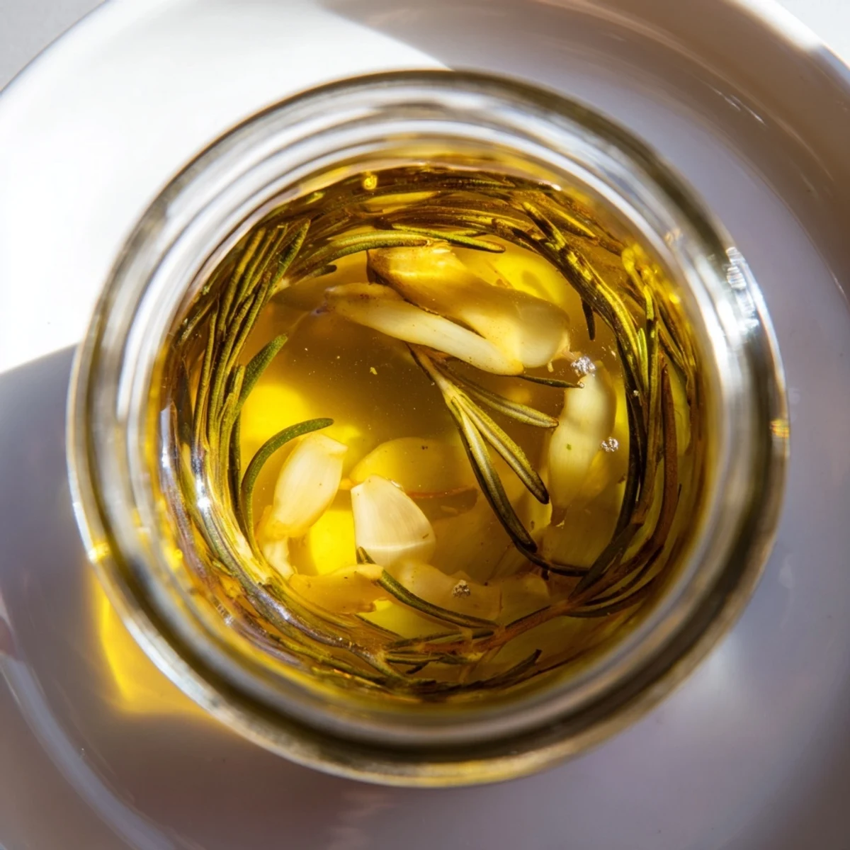 A close-up view of the golden, aromatic Garlic Scent drizzled over fresh crusty bread.