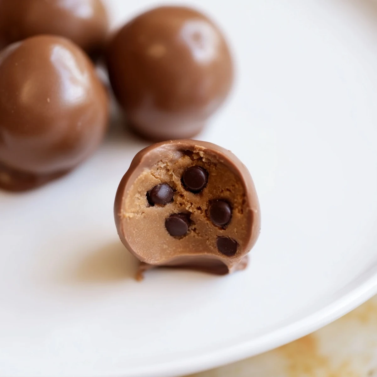 A close-up of chocolate chip cookie dough truffles, each coated in glossy dark chocolate.