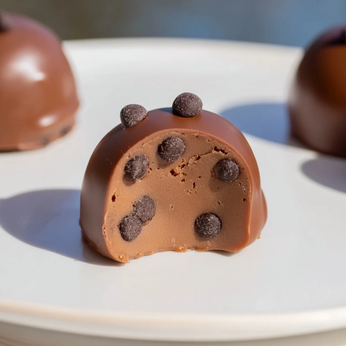 Bite-sized chocolate chip cookie dough truffles, showing a dusting of mini chocolate chips on top.