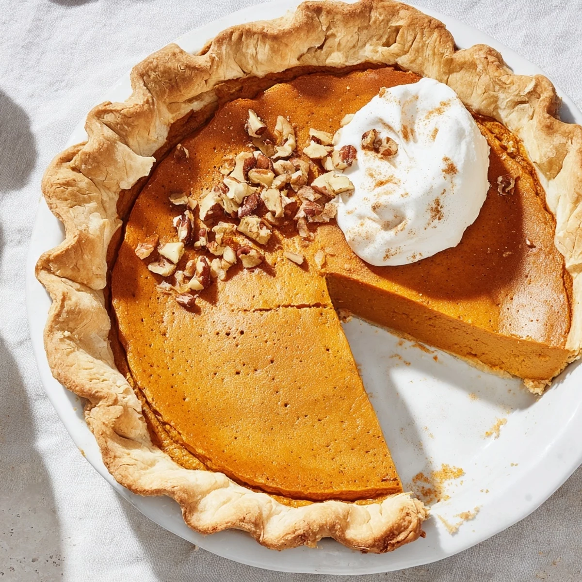 A warm slice of freshly baked Spiced Sweet Potato Pie, topped with whipped cream and toasted pecans.