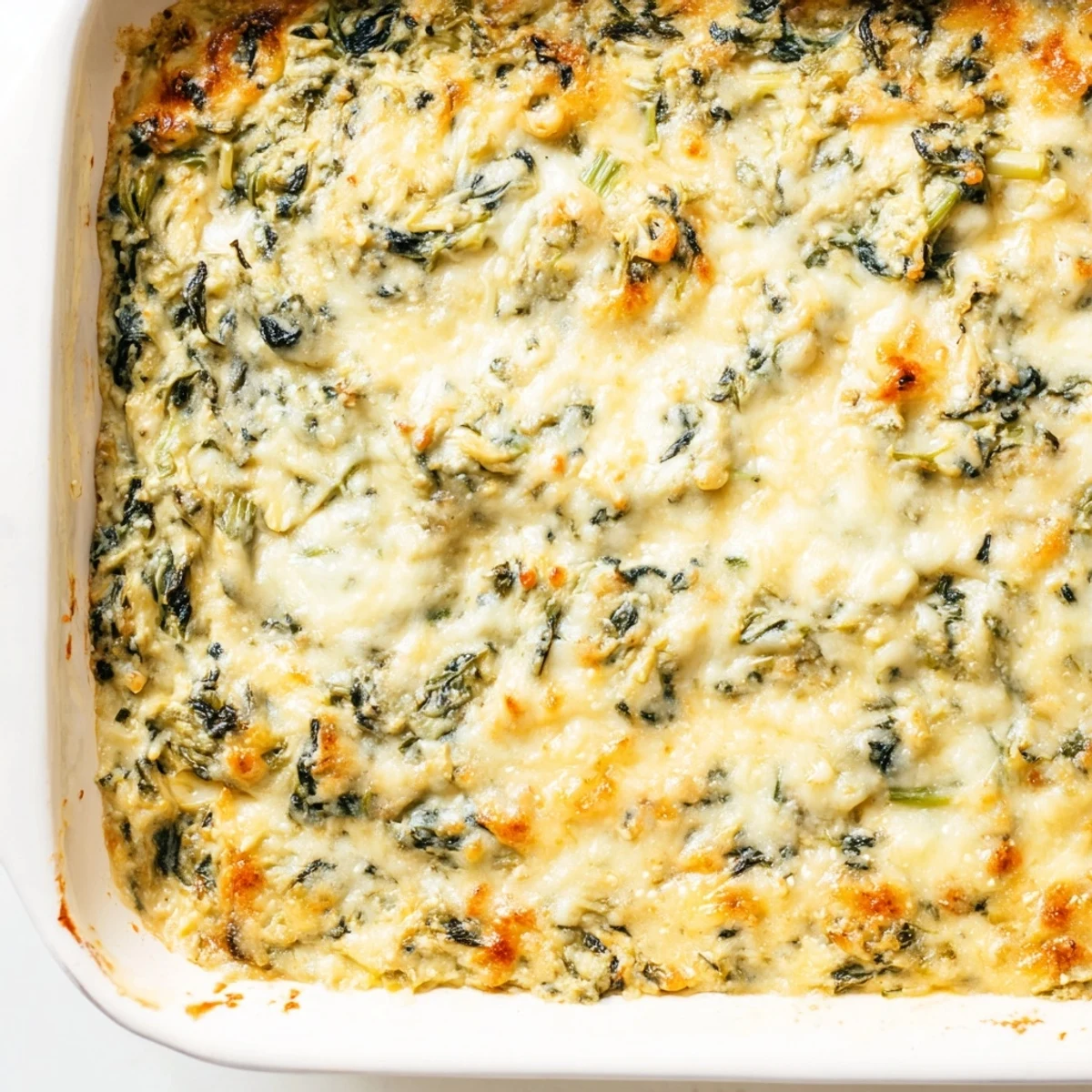 A close-up of the Creamy Spinach Dip, perfectly baked and ready for your favorite dippers.