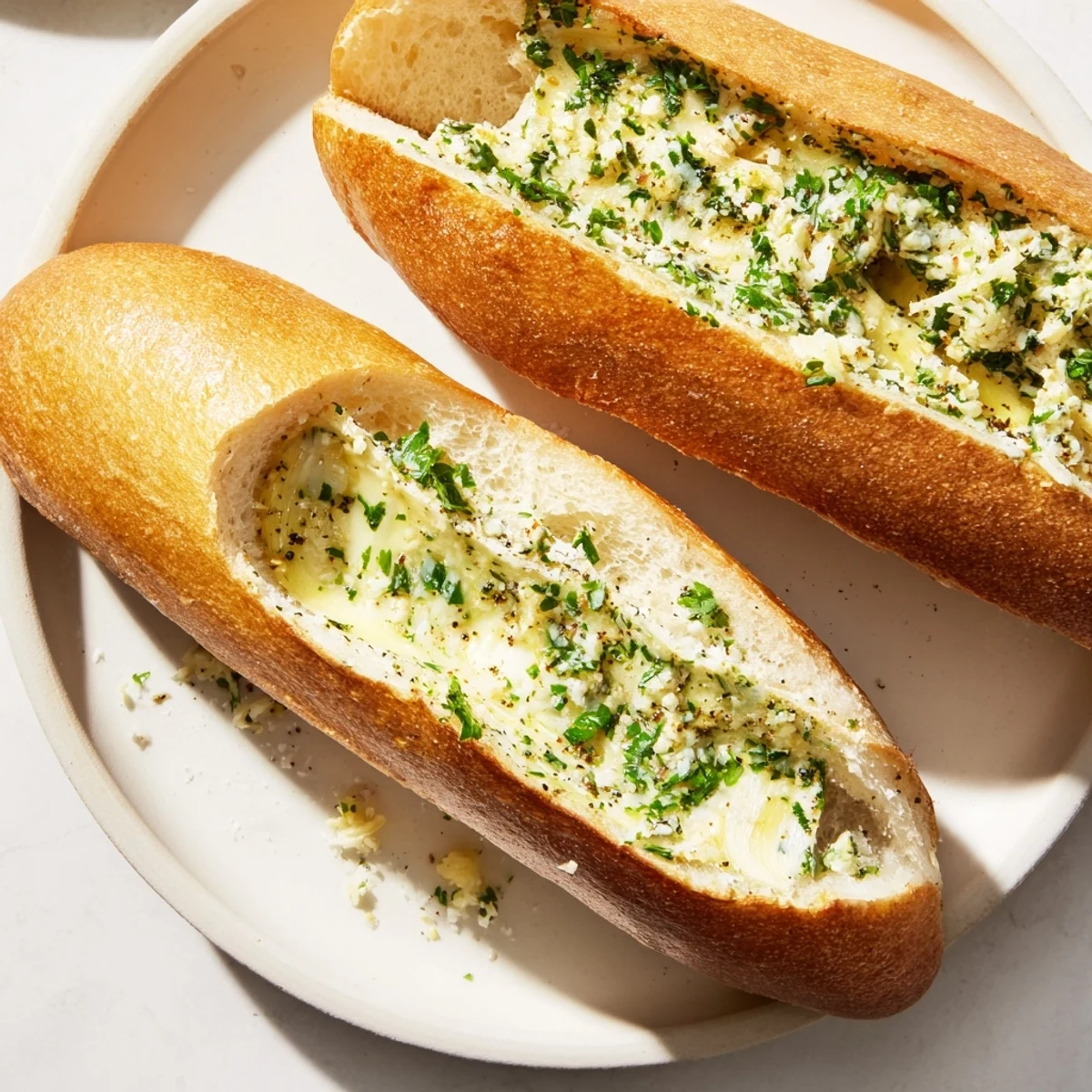 Freshly baked garlic butter bread with a crispy crust and fragrant, buttery garlic flavor, perfect alongside pasta.
