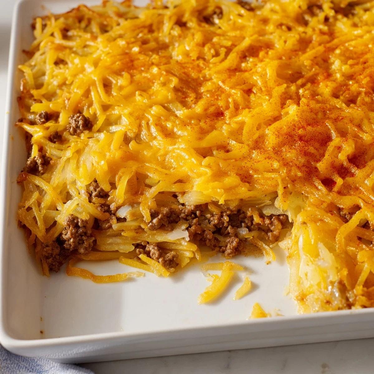 Golden, bubbly crust of a freshly baked beef and potato casserole, ready to serve.